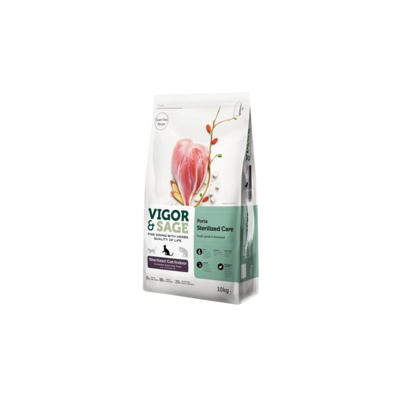 Vigor & Sage Poria Sterilised Care – Nourriture pour chat adulte d’intérieur 10 Kg