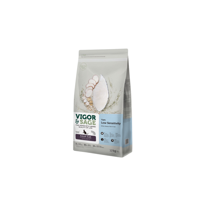 Vigor & Sage White Fish&Yam Low Sensitivity - Nourriture complète pour chats adultes 10kg