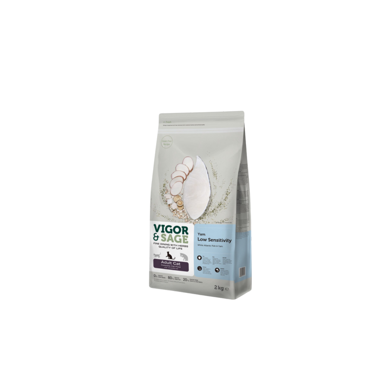 Vigor & Sage White Fish&Yam Low Sensitivity - Nourriture complète pour chats adultes 2kg