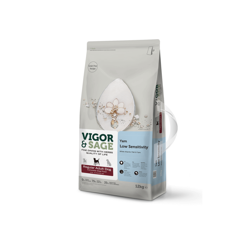 Vigor & Sage white fish & yam low sensitivity - nourriture complète pour chiens adultes 12kg